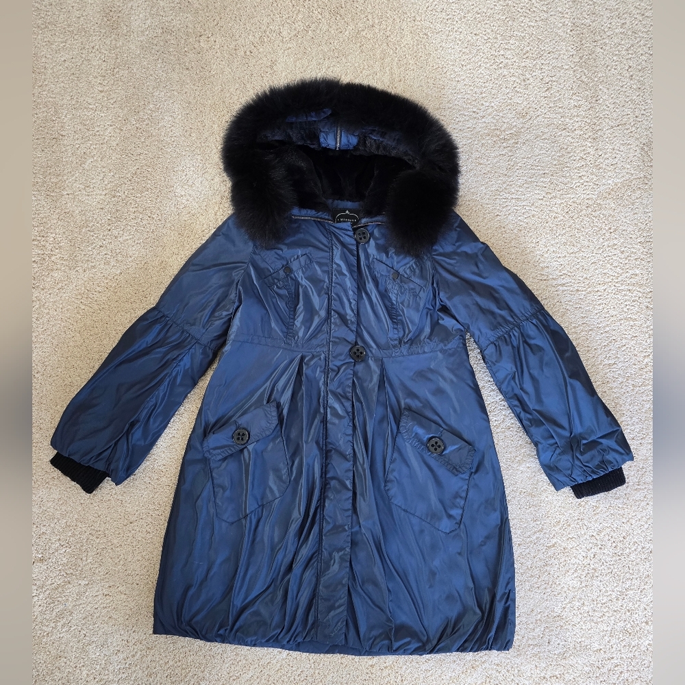 1 Madison Luxe Large Blue Iridescent Coat Fox Fur Lined Hood (Fur Removable.) - Picture 1 of 13